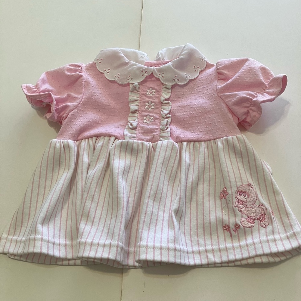 Vintage Sesame Street Pink and White Baby Dress with Embroidered Pink Bird